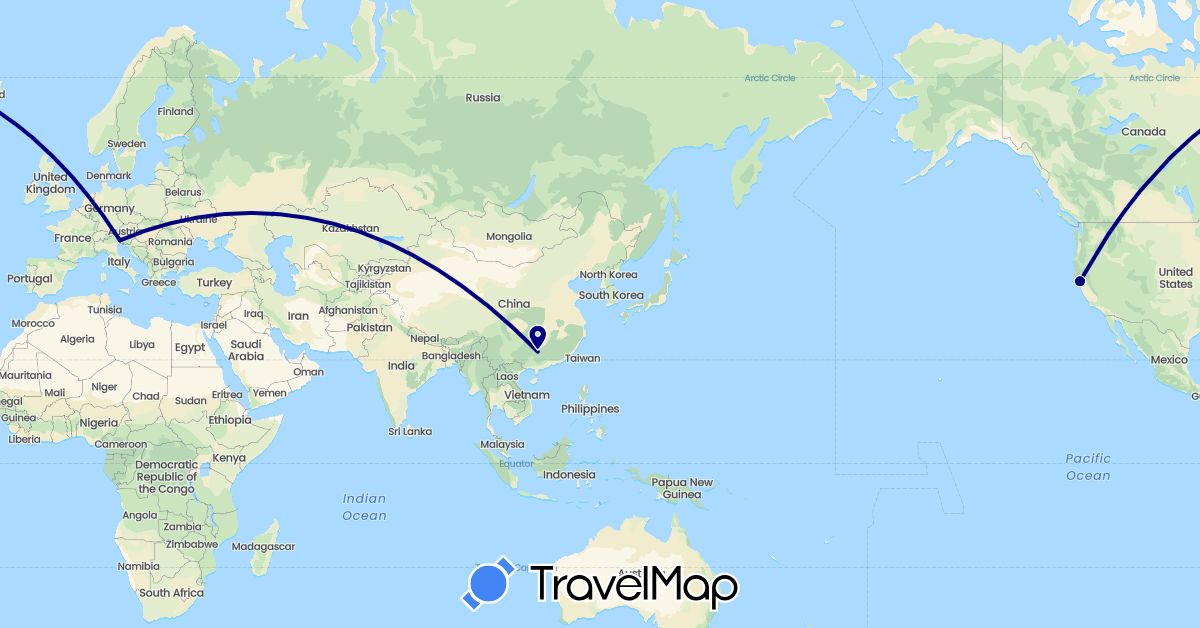 TravelMap itinerary: driving in Austria, China, United States (Asia, Europe, North America)